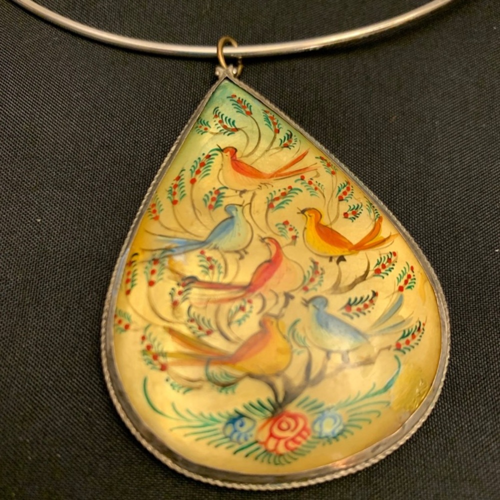 Hand Painted Double Sided Large Teardrop MOP Vintage Pendant Sterling Trim